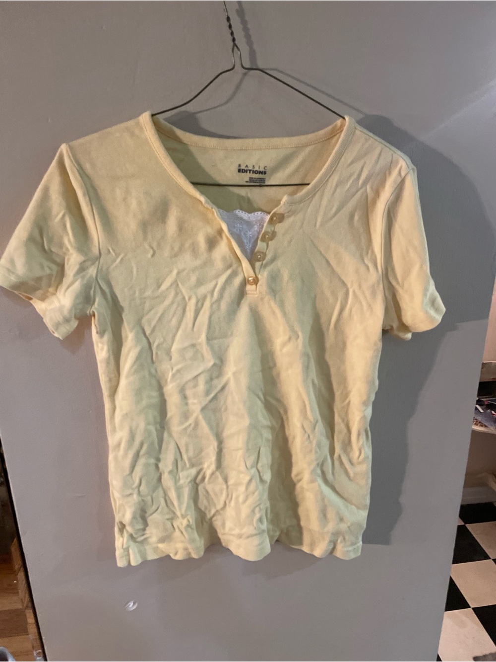 Basic Editions Women's Short Sleeve yellow Henley top with Lace detail